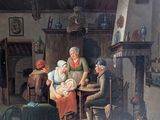 a painting of a family in a living room