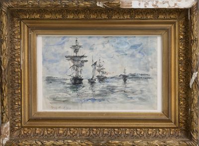 an image of a painting of two ships in a body of water