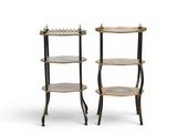 pair of three tiered side tables with metal legs and wooden shelves