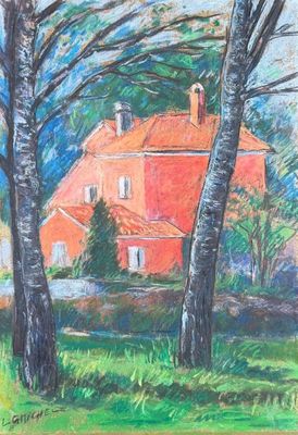 une peinture à l'huile représentant une maison et des arbres dans un champ