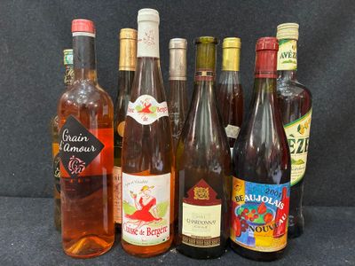 les nombreuses bouteilles de vin alignées sur la table