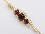 a close up of a gold brooch with three garnets on it