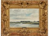 a painting of a river with a bridge in the distance