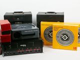 several different types of speakers are stacked on top of each other