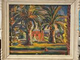 a painting of a palm tree in front of a building