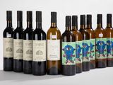 six bouteilles de vin sont alignées sur une surface blanche
