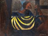 une peinture à l'huile représentant un homme assis sur une chaise, recouvert d'une couverture rayée