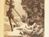 a drawing of a man holding a sword in a cave
