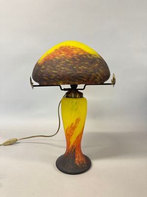 pair of art deco table lamps with yellow and orange glass shade