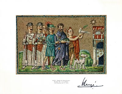une photo d'un tableau représentant un homme tendant quelque chose à une femme