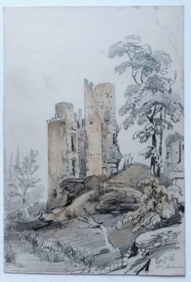 dessin représentant un château sur une colline, avec des arbres au premier plan