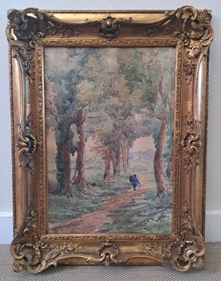 un tableau représentant une personne assise sur un banc dans un espace boisé