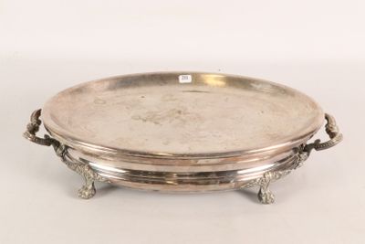 a silver tray with handles on a white surface