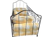 wrought iron bed frame with yellow and white checkered bedspread