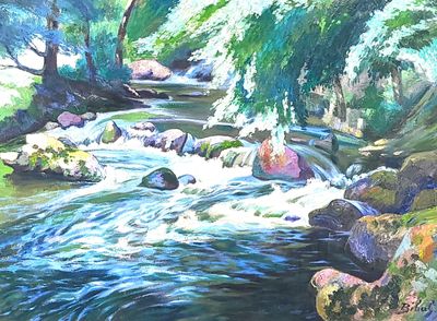 a painting of a stream running through a forest