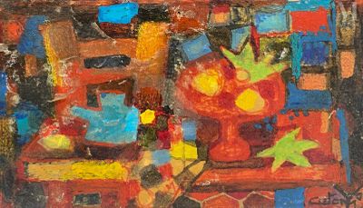 tableau représentant une guitare et un vase de fleurs posés sur une table