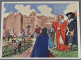 an image of a painting of a group of people standing in front of a castle