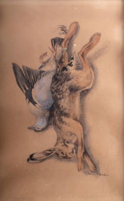 un tableau représentant un chien tenant un oiseau dans sa gueule