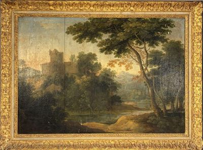 peinture représentant un paysage avec un château au loin et une rivière au premier plan