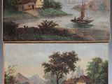 deux tableaux représentant une scène fluviale avec une maison et un bateau