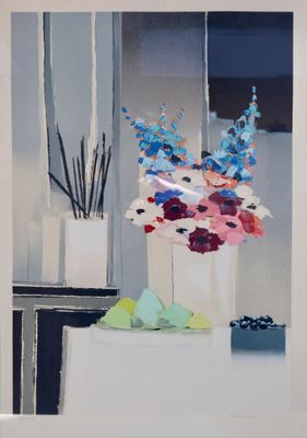 a painting of flowers in a vase on a table