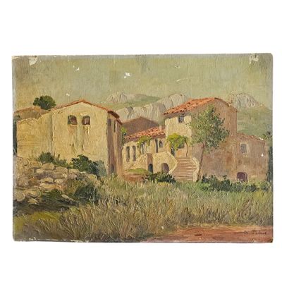 une image d'une peinture représentant une maison dans un champ