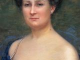 portrait of a woman in a blue dress with a pearl necklace