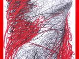 dessin représentant le visage d'une femme aux cheveux roux, dans un cadre rouge