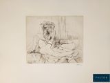 drawing of a woman sitting on a bed with a cat