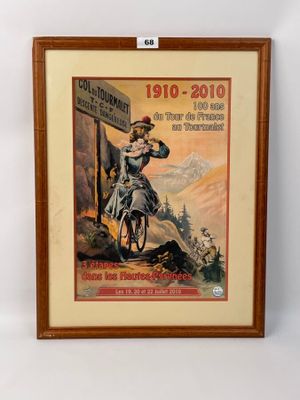 une vieille affiche représentant une femme à vélo devant un panneau