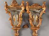 pair of antique carved wood wall sconces with glass inserts