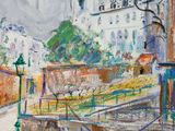 painting of a painting of a city street with a clock tower in the background