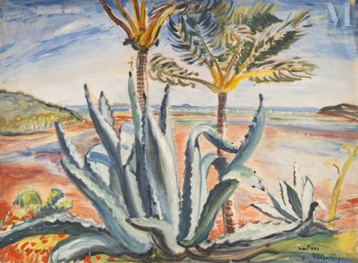 an image of a painting of a desert scene with a palm tree and a body of water