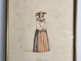 an old picture of a woman in a striped dress with a straw hat