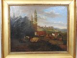 painting of cows in a landscape with a castle in the background