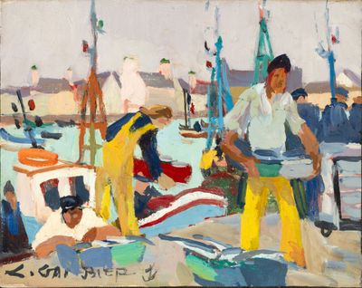 a painting of a group of people on a beach