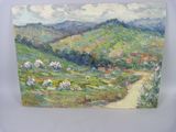 an oil painting of a hilly landscape with sheep grazing in the foreground