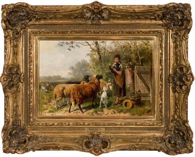 an image of a painting of a man with a dog and sheep in a field