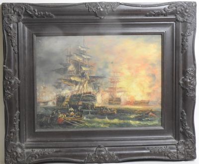 an oil painting of a ship in a body of water with other ships in the background