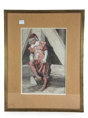 an old picture of a man in a red suit sitting on a ledge