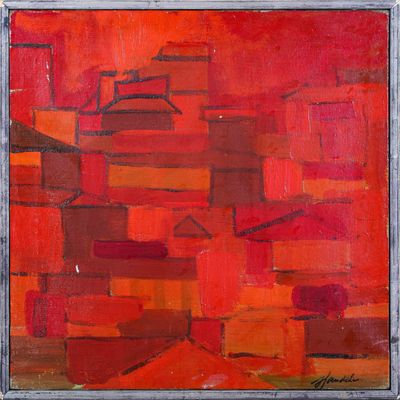 une peinture représentant une ville avec un ciel rouge en arrière-plan