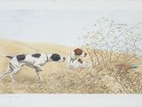 tableau représentant deux chiens dans un champ avec un faisan, et un autre faisan en arrière-plan