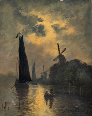 tableau représentant un voilier sur une rivière, avec un moulin à vent en arrière-plan