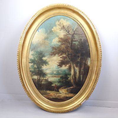 un vieux tableau représentant un paysage avec un homme et un chien dans une zone boisée
