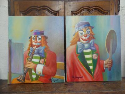 tableau représentant deux clowns avec un miroir et une bouteille de vin