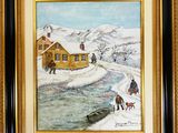 tableau représentant un paysage hivernal avec des personnages et un bateau sur l'eau