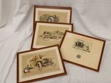 four framed pictures of old cars and people on a white sheet