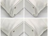 four photos of a white purse with four different angles