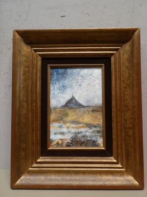 an oil painting of a landscape with a mountain in the background