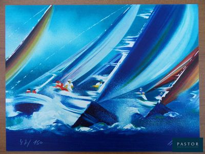 un tableau représentant un groupe de voiliers naviguant sur l'océan